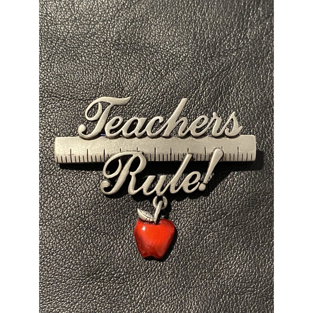 VTG JJ "Teachers Rule" Pin Brooch Pewter Ruler Apple Charm Gift Back To School